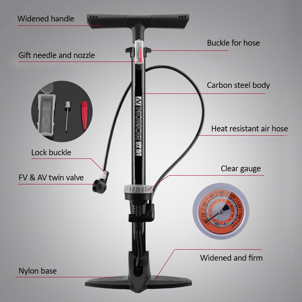 Manual Bike Pump 160PSI Bike Floor Pump MTB Road Bike Floor Inflating Presta Schrader Valve