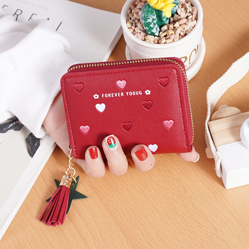 Carteira curta bordado bolsa de embreagem carteira zíper pequena menina moeda bolsa carteira: Vermelho