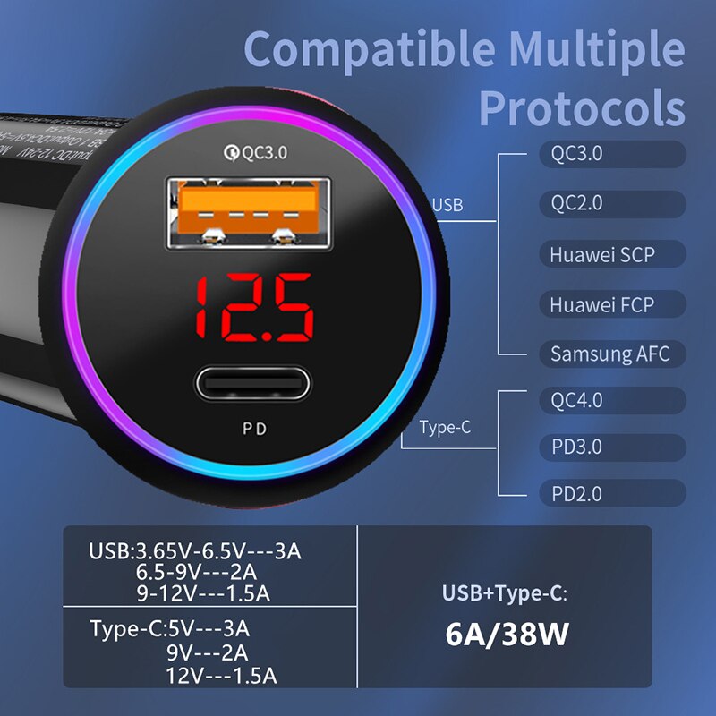 Autolader Dual Usb Qc 3.0 Adapter Sigarettenaansteker Led Voltmeter Voor IPhone13 12 Mobiele Telefoon Oplader Smart Dual Usb opladen