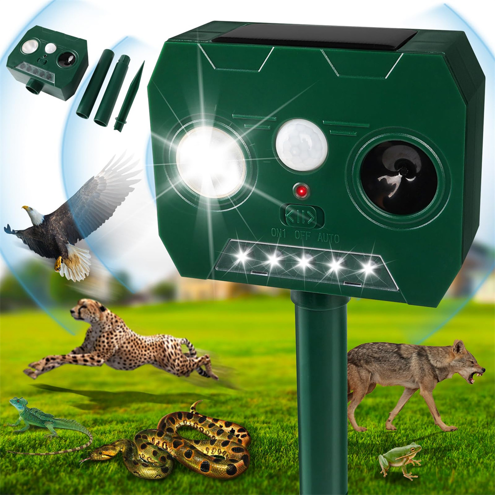 LED Light Alarm Ultrasonic Cat Dog Repellant Outdoor Solar Power Rechargeable Garden Repellers Cat Deterants for Animals: army green