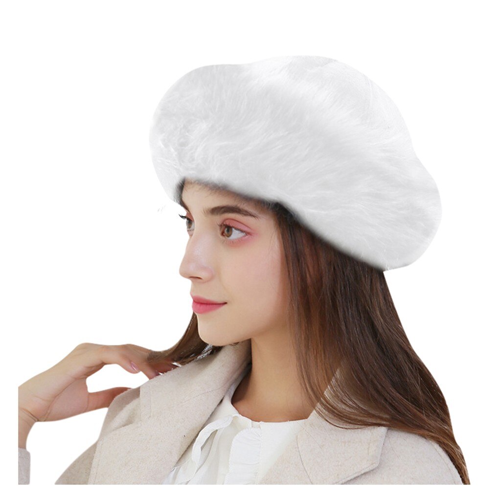 Winter Faux Fur Hats Women Winter Mongolian Russian Outdoor Hat Solid Thick Warm Solid Earmuffs Woollen Hat: White