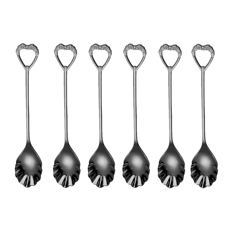 6pcs Shell Shape Spoon Fork Set Gold Stainless Steel Luxury Dinnerware Cake Afternoon Tea Dessert Tableware Silverware Kitchen: black spoon