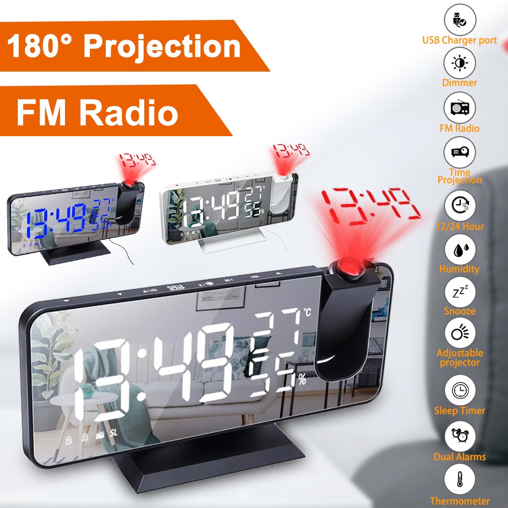 Reloj Despertador Digital con Proyección LED, Dispositivo Electrónico para Mesilla de Noche del Dormitorio con Radio FM y Proyector de Tiempo
