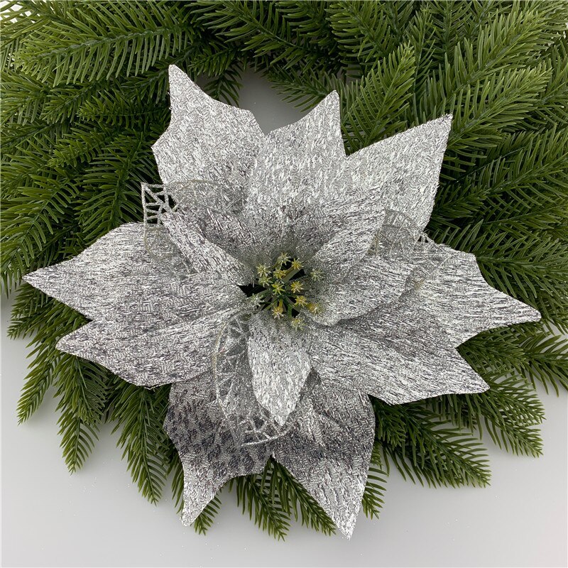 20/22Cm Holle Kunstmatige Kerst Bloemhoofdjes Voor Thuis Bruiloft Decoratie Diy Kerstboom Glitter Zijden Bloemen Kransen: 22cm-Silver