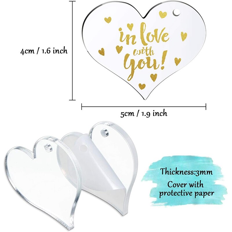 30 Blanks Clear Acrylic Blanks Heart Shape Plain Acrylic and 30 Pieces Key Chain Metal Key Rings for DIY Projects Crafts