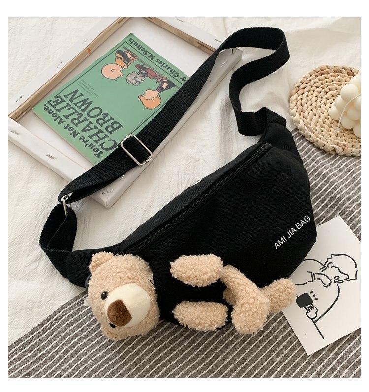 Torebki damskie kreskówka niedźwiedź talia torba torba na klatkę piersiowa torby na ramię proste torby Crossbody dla szkoły dziewczyny torby płócienne na co dzień: czarny