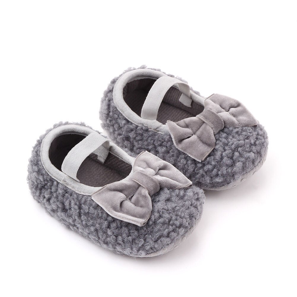 Baby Boys Girls Fleece Slippers Soft Sole Crib Shoes With Bow Anti-Slip Fleece Solid Color Toddler First Walker Shoes: Gray / 13-18 Months