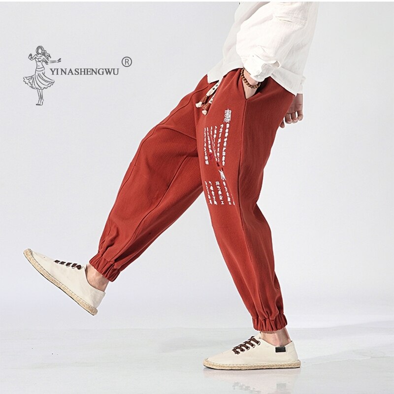 Kimonos Harajuku Print Harem Men Japanese Style Embroidered Pants Asian Japan Traditional Yukata Beam Feet Cropped Male Costumes