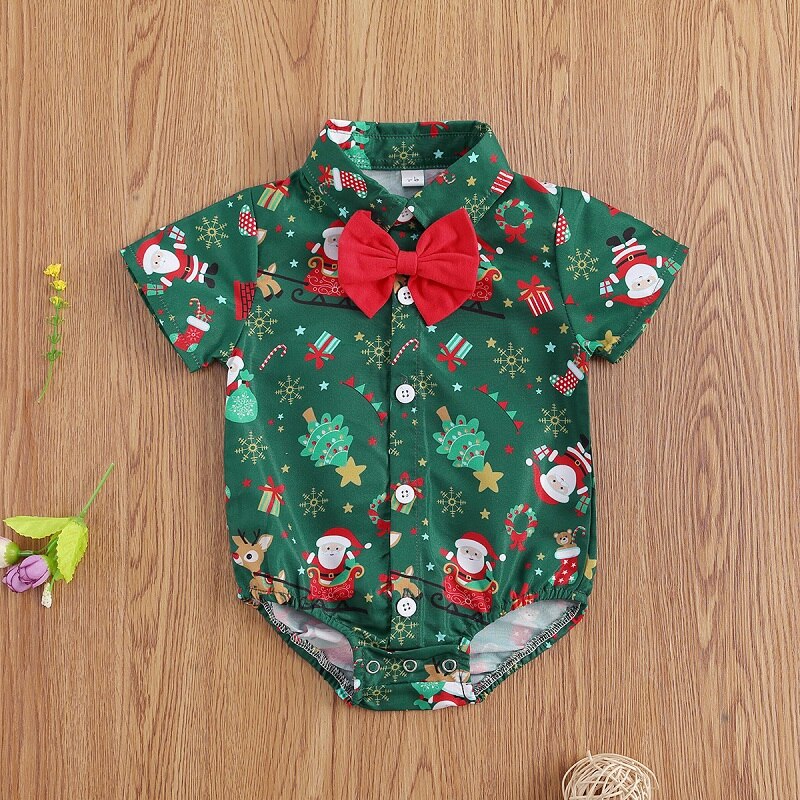 Newborn Baby Boys Summer Christmas Romper Short Sleeve Bow-tie Cartoon Pattern Jumpsuits for Kids Baby Boys