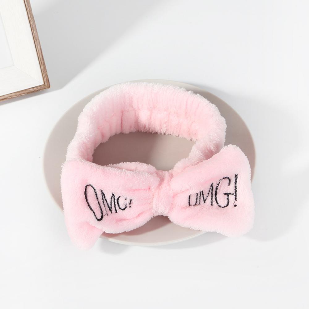 Soft OMG Letters Coral Fleece Wash Face Mix Color Bow Hair bands Clips For Women Girls Headbands Hair Styling Tool: 01 pink