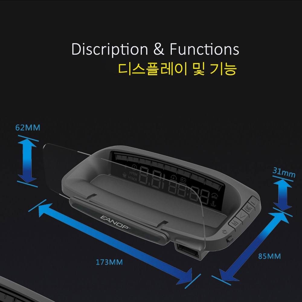 EANOP HUD Mirror 04 Car Head-up Display OBD2 Guage Parabrisas Velocímetro Proyector de velocidad con alarma de exceso de velocidad Temperatura del agua RPM Proyección de voltaje Azul Blanco LED Displayer OBD II