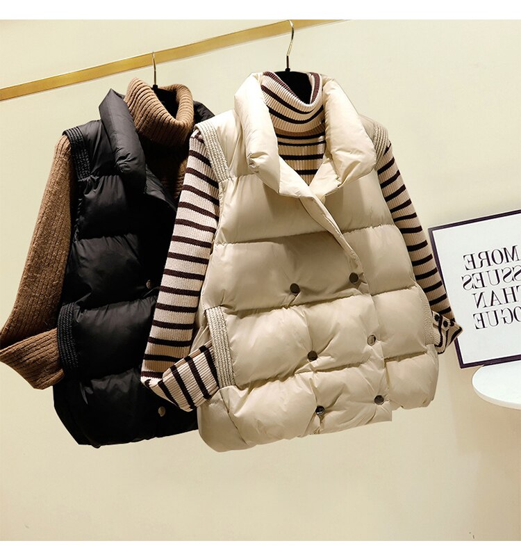 Vrouwen Double-Breasted Korte Vest Herfst Winter Stand Kraag Katoen Gewatteerde Puffer Jas Vrouwelijke Parka Body Uitloper