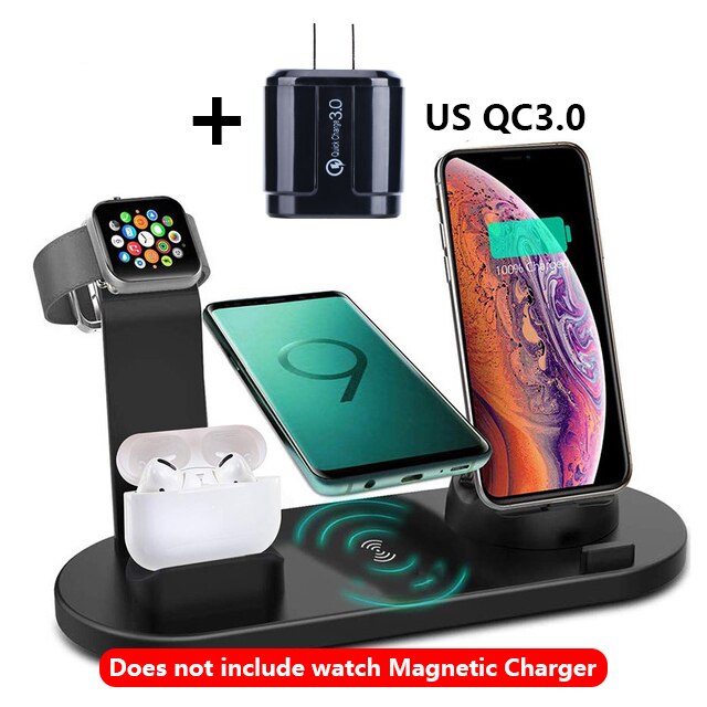 6 in 1 kabellos aufladen Pad Stehen Für Apfel Uhr 5 4 3 2 1 iPhone 11 X XS XR 8 Airpods Profi 10W Qi Schnelle Ladegerät Dock Bahnhof: kabellos Schwarz uns