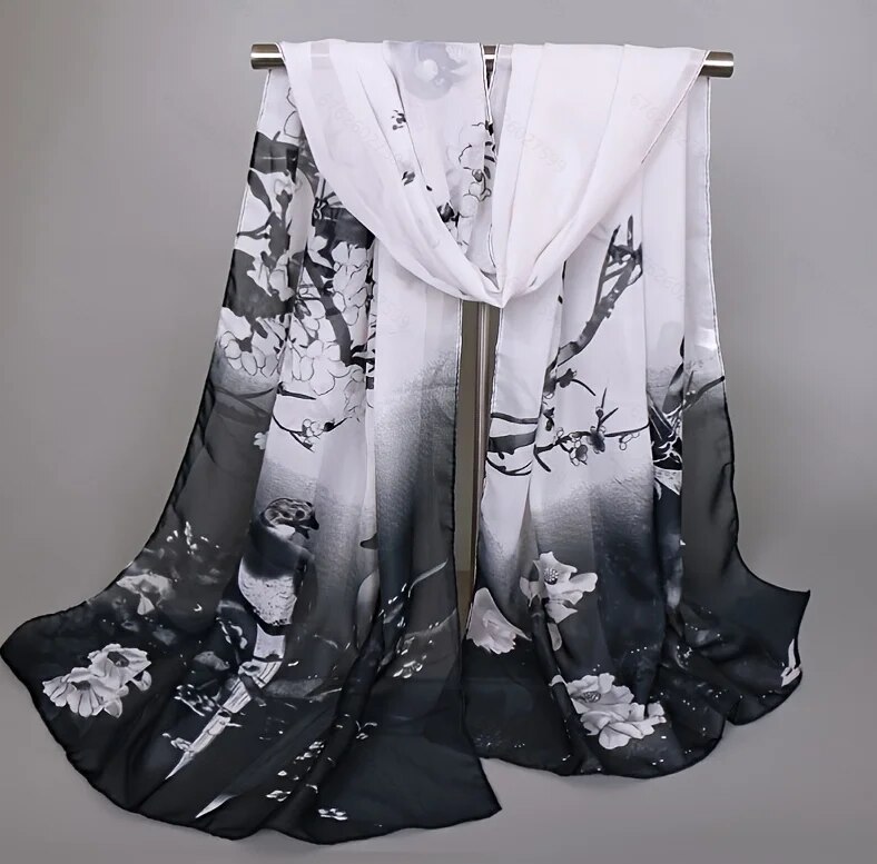 Spring Summer Printed Chiffon Silk Magpie Scarf Compact Lightweight Scarf Travel Sun Protection Scarf Shawls Wraps For Women: Ivory
