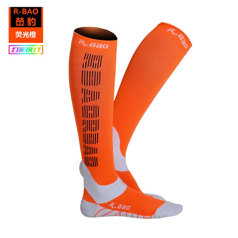 1 par gratis Pro Running Compress reflectante función calcetines noche deportes ciclismo Running Camping calcetines hasta la rodilla: Neon Orange / L