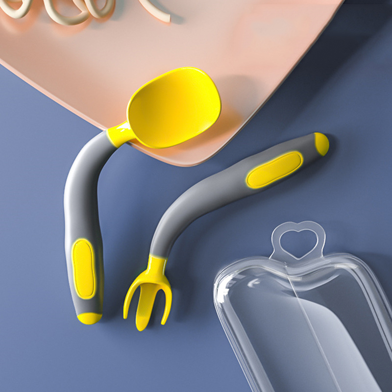 Dziecko łyżka widelec zastawa stołowa dla dzieci dziecko widelec silikonowe zastawa stołowa dzieci dziecko sztućce Silicona Bebe łyżki dla małych dzieci: żółty Boxed B