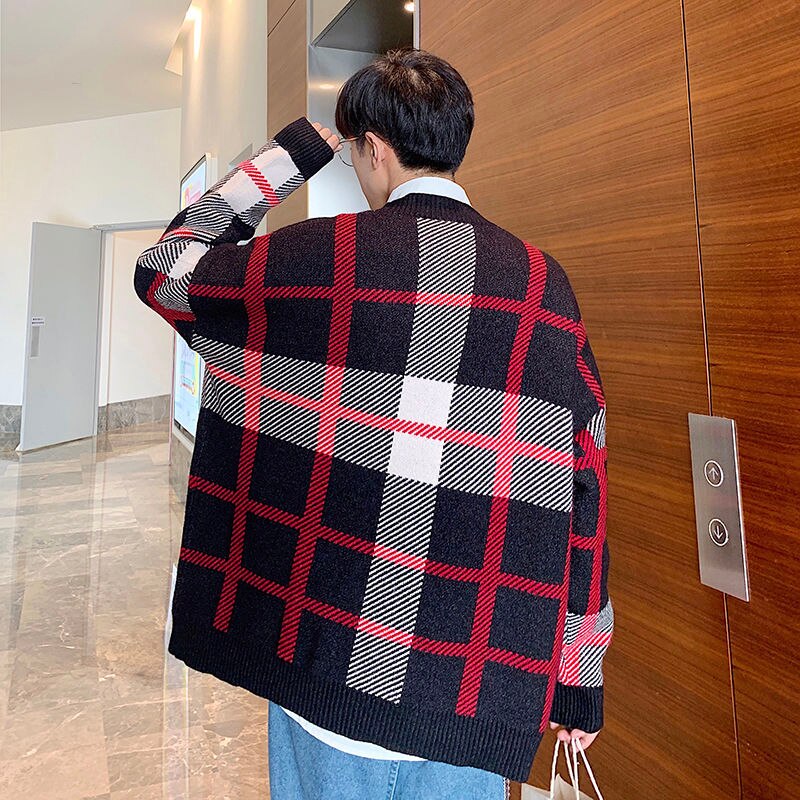 Cotton Cardigan Men&#39;s Warm Retro Casual Plaid Sweater Jacket Men Streetwear Loose Sweater Coat Mens Korean Clothes M-2XL