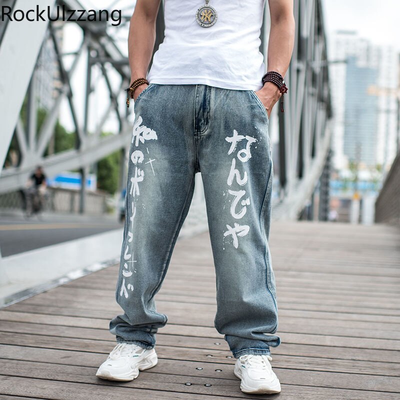 Japanese Men Hip Hop Clothing Plus Size Streetwear Denim Pant Jeans Letter Graffiti Print Baggy Loose Straight Clothing