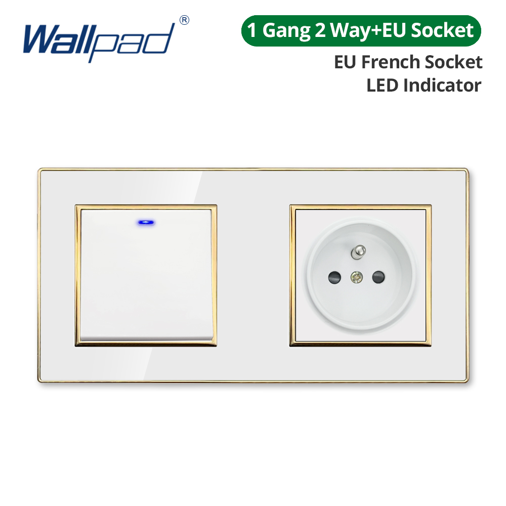 Wallpad White Acrylic Panel Gold Border Wall Light Switch LED Dimmer USB Charge EU Socket Outlet 4 5 6 7 8 Gang 2 Way Reset