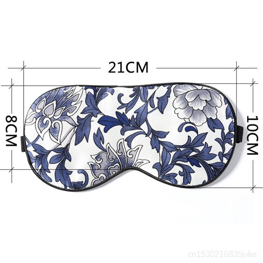 Mascarilla de seda de mora para dormir, 100% de porcelana china con estampado Floral, súper lisas, antifaz para dormir de viaje, azul y blanco