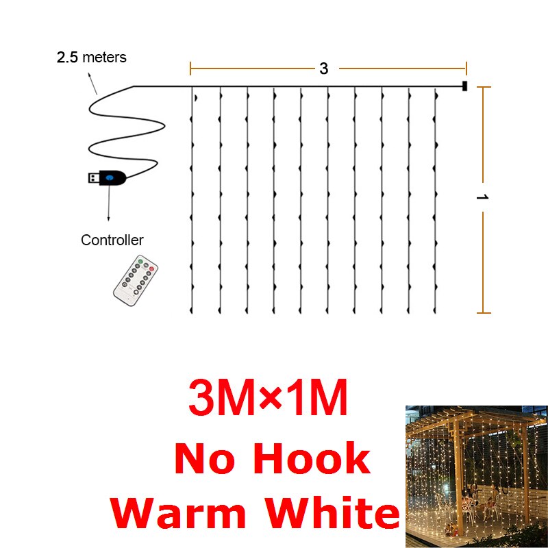 LED Gypsophila Icicle Rainbow Curtain String Lights Remote Control Bedroom Decor Fairy Light USB Power Garlands for Wedding Xmas: Warm 3x1M