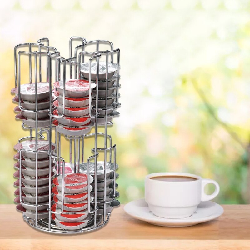 Coffee Capsule Rack Holder Carousel Holds 64 Capsules Modern Stainless Steel Rotatable Storage Organizer Display Stand