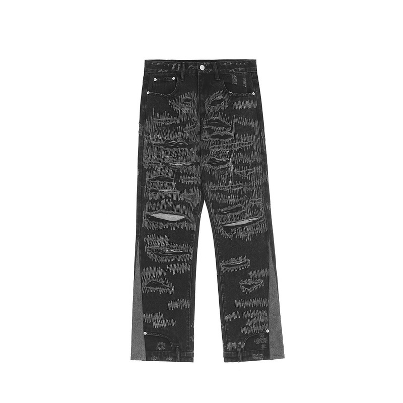 High Street Patchwork Jeans Men Black Hip Hop Streetwear Punk Denim Pants Harajuku Oversized Ripped Straight Loose Trousers: L