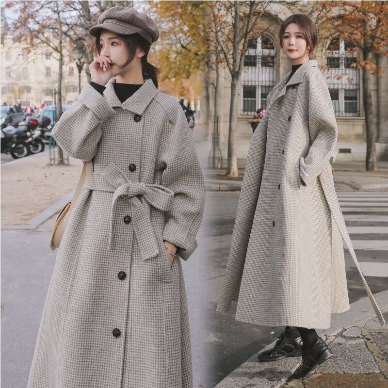 Abrigo de lana de gallo largo y grueso para mujer, chaqueta de lana para estudiante, con cinturón suelto a cuadros, para invierno