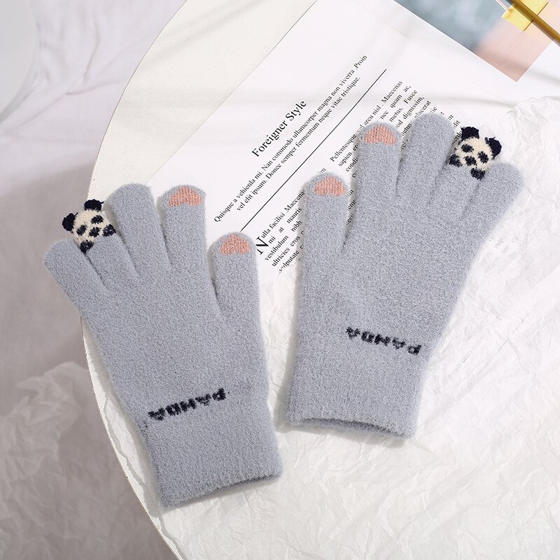 Gants d&#39;hiver pour femmes, avec Panda de dessin animé, en velours, pour garder au et au froid, pour le cyclisme en plein air, le ski, coupe-vent: Grey