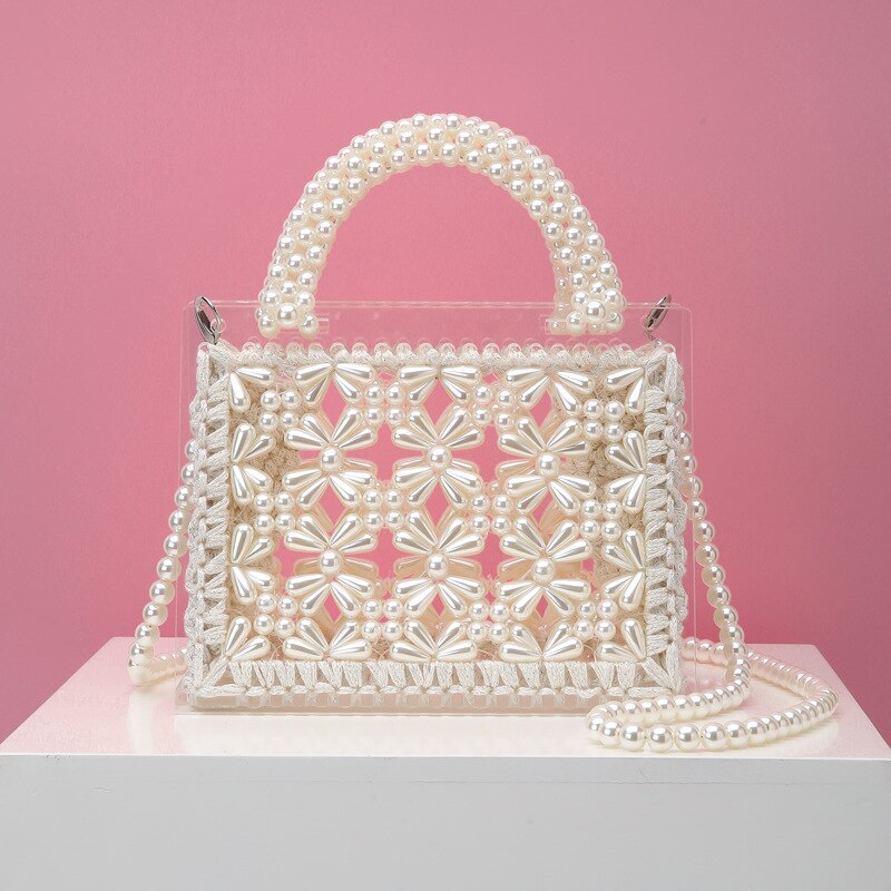 Luxury Acrylic Pearl Evening Clutch Bags Women Handmade Beaded Clear Purses And Handbags Ladies Woven Shoulder Bag Wedding Party