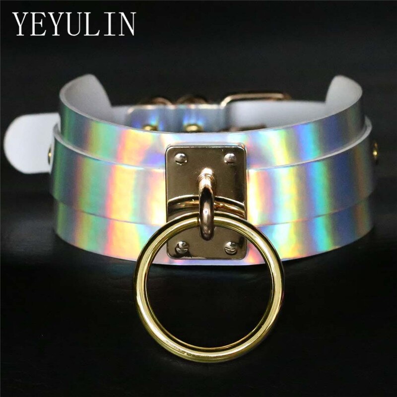 Punk Style Gothic Handcrafted Chic Holographic Choker Necklace With Gold Metal Round Circle Charm Chocker Collar Jewelry: A