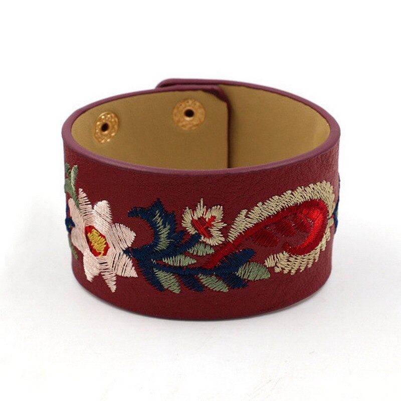 Rainbery Bohème Broderie Fleur Bracelet Manchette Féminine Large PU Cuir Bracelets & Bracelets Femmes Bijoux JB0470: red