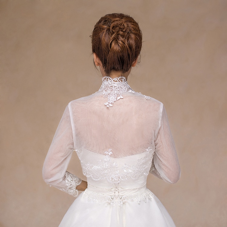 Chaqueta de manga larga para mujer, bolero recortado con hombros de encaje blanco, envolturas de boda blancas, , novedad de 3/4