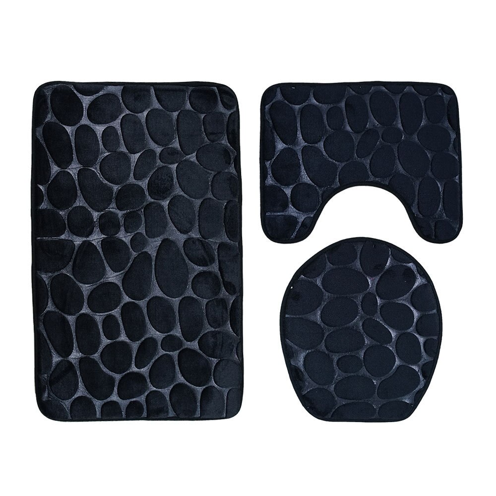 Negro 3D Cobblestone estera de baño Baño cubre Color sólido 3 unids/set baño piso alfombras para la decoración del hogar de Pie de Felpudos: Black