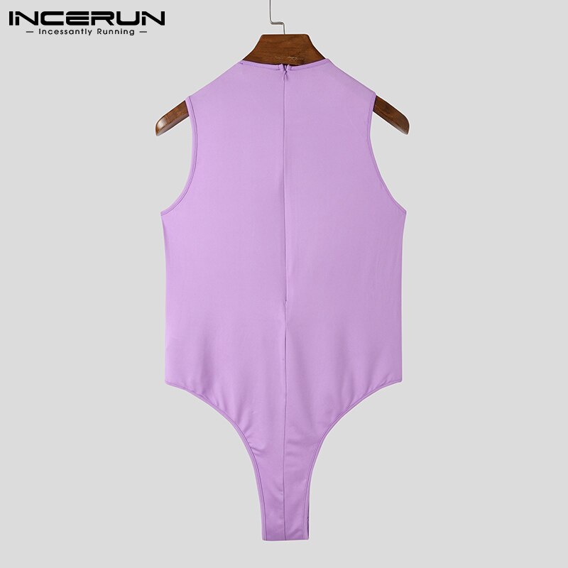 INCERUN Men Bodysuits Underwear Round Neck Sleeveless Solid Color Fitness Cozy Pajamas Rompers Sexy 2022 Mens Bodysuit S-5XL