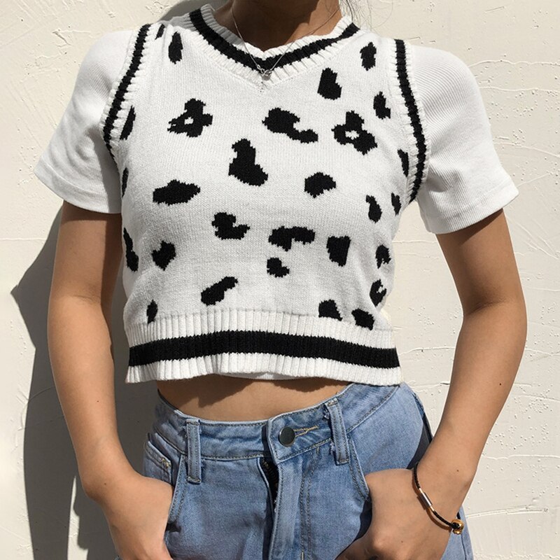 Kobiety mleko krowa nadruk zwierzęta kamizelka z dzianiny dekolt bez rękawów prążkowany wykończenia krótki sweter styl Preppy obcisły sweter sweter szczyt
