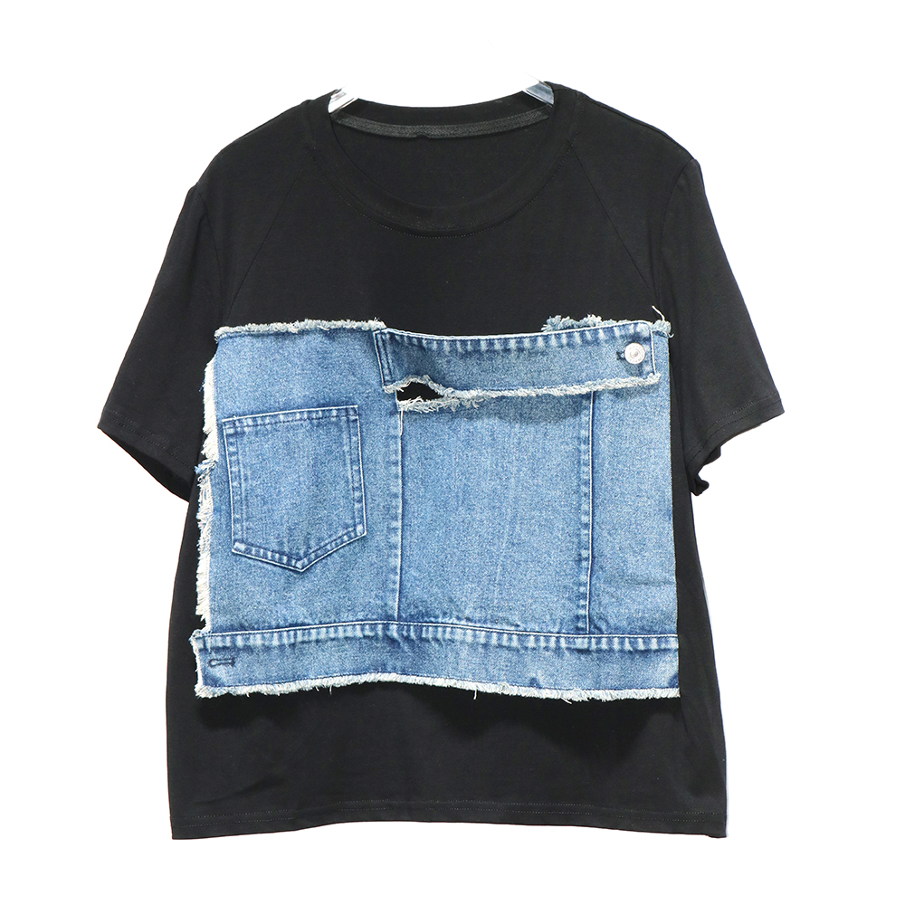 250301 Frauen Blau Denim Farbe-Block verlieren T-Shirt Neue O Hals Kurzarm Flut Frühling Sommer 2025,: Schwarz