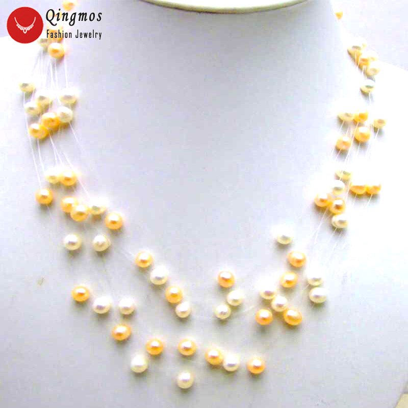 Qingmos Pearl Necklace for Women - 6-7mm Round Freshwater Pearls - 8 to 20 Strands - 18-20 Inch Length: White pink 8 strands