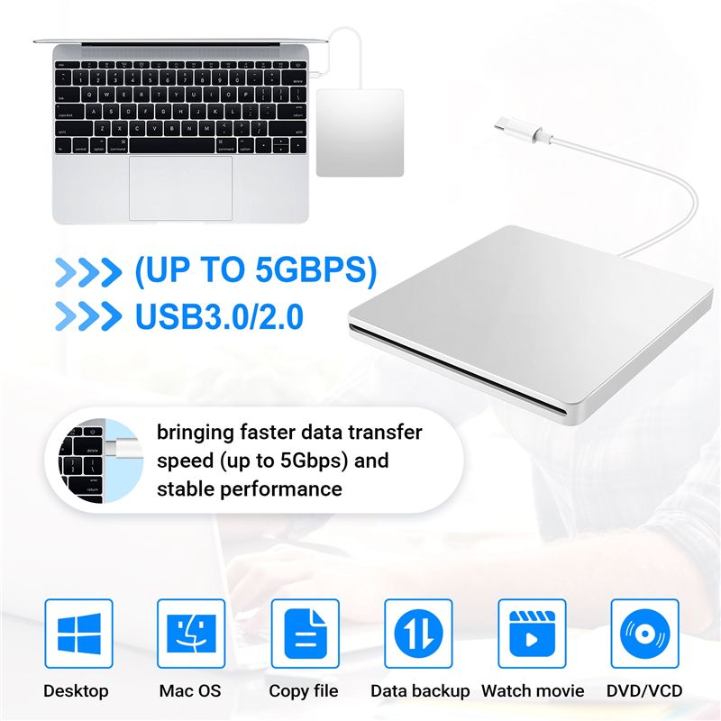FEDI-USB External CD/DVD Drive Type C Portable Drive-Free CD Movies Players For Laptop PC Windows Mac
