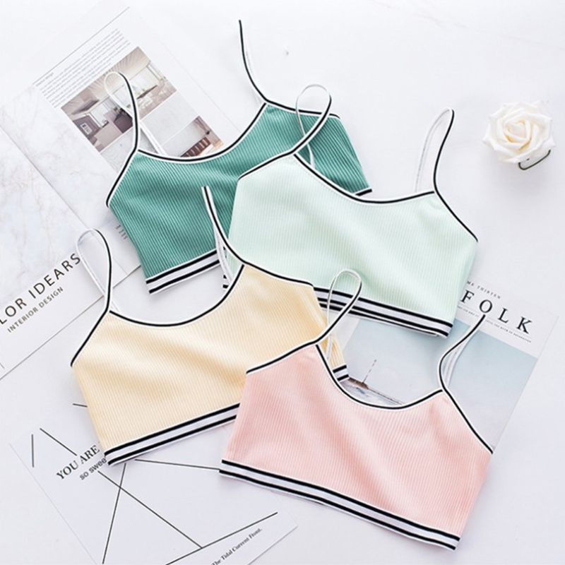 Teenage Puberty Girl Sweet Candy Color Sport Training Bra Underwear Striped Patchwork Thread Ribbed Wireless Bralette Vest 8-16T