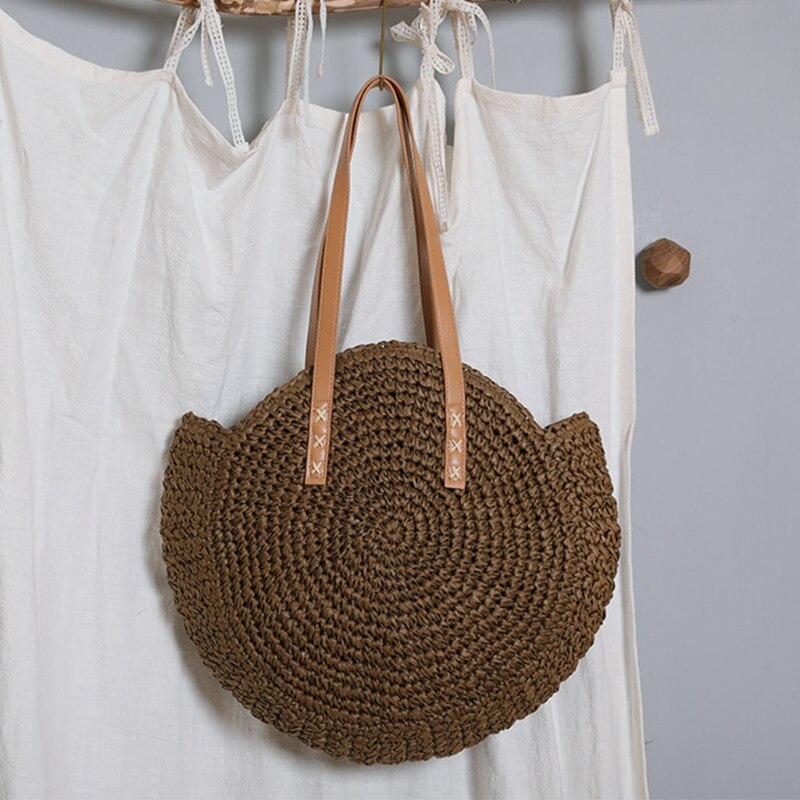 Round Straw Beach Bag Vintage Woven Shoulder Bags Rattan Bohemian Summer Vacation Casual Handbag for Women Girls: Brown
