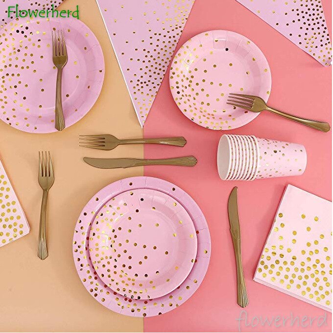Roze Feestartikelen Set Stippen Papieren Borden Wegwerp Servies Set Servetten Cups Vork Messen Lepel Verjaardag Bruiloft Baby Shower