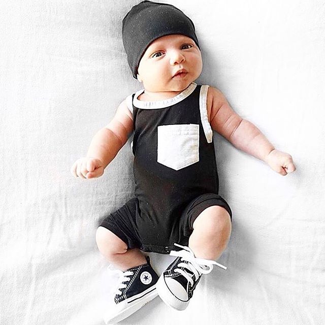 sommer 0-18M Newborn Infant Baby Mädchen Jungen Strampler Schwarz/Weiß Tasche Solide Sleeveless Baumwolle Overalls kleidung 2 Farben