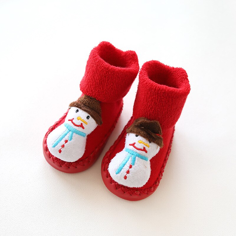 Winter Born Baby Christmas Socks Rubber Soles Skid Resistant Indoor Socks Warm Thick Toddler Girl Sock Shoes Year: Snowman / 11CM