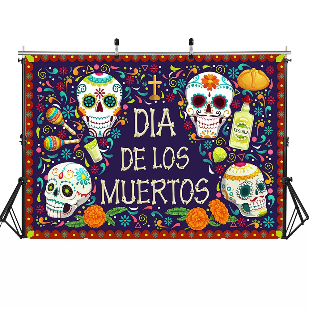 Dia de Los Muertos Photo toile de fond fleur sucre crâne mexique Fiesta fête fond décoration jour des morts Photocall accessoires: 200x150cm  ThinVinyl