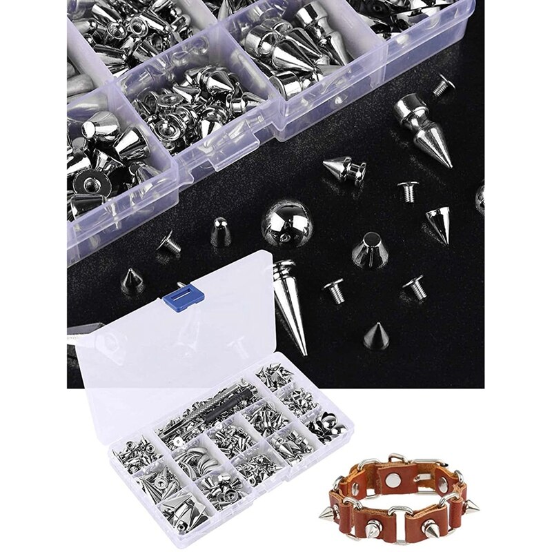 270Set Spikes And Studs,Mixed Shape Punk Spike Rivets Metallic Cone Screw Back Studs With Install Tool For Leather Craft Retail