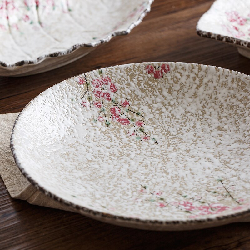 Japanska zakka stil keramiska servis tallrikar små rosa blommor tryckt under glaserade kinesiska porslin middag tallrik porslin