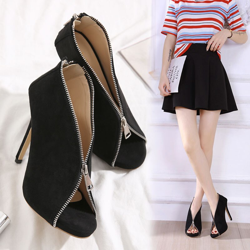 Vrouwen Flock Enkellaarsjes Hoge Hakken Rits Gladiator Hakken Zomer Schoenen Vrouwelijke Mode Peep Toe Sandalen Partij Bruiloft Sandalen