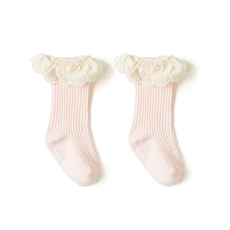 8 Kleuren Baby Knie Sokken Lace Edge Schroefdraad Kid Sokken Verticale Strepen Zachte Ademende Buis Sokken Antislip Voet sox 0-3Y Meisjes: pink / S 0-1Y