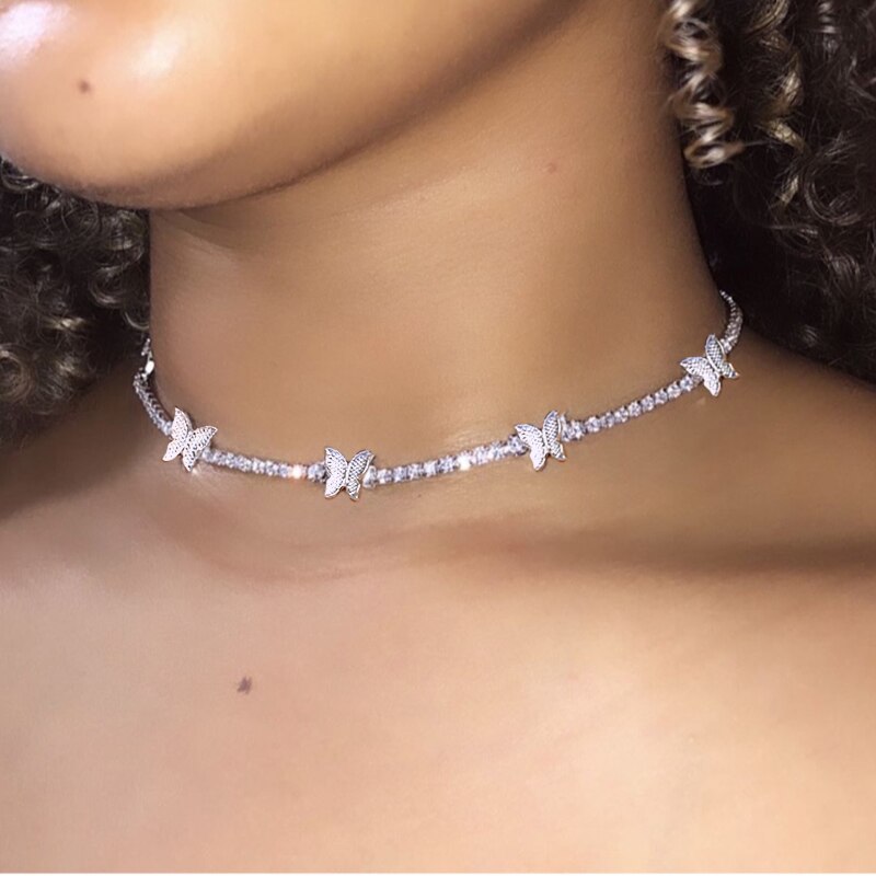 Flatfoosie Bling Della Farfalla Del Rhinestone Della Collana Del Choker Per Le Donne Fuori Ghiacciato Di Cristallo Tennis Catena Della Collana Dei Monili di Cerimonia Nuziale del Regalo